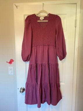 Bohme Mauve Smocked V-Neck Tiered Midi Dress Sz S